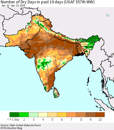 Southern Asia Number of Dry Days in past 10 days (USAF 557th WW) Thematic Map For 4/21/2024 - 4/25/2024