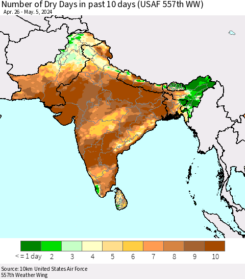 Southern Asia Number of Dry Days in past 10 days (USAF 557th WW) Thematic Map For 5/1/2024 - 5/5/2024