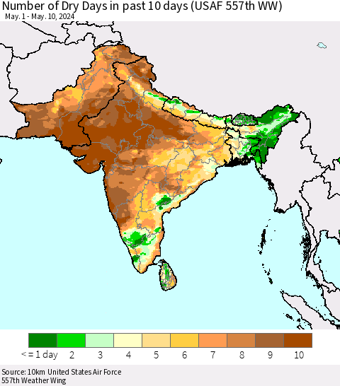 Southern Asia Number of Dry Days in past 10 days (USAF 557th WW) Thematic Map For 5/6/2024 - 5/10/2024