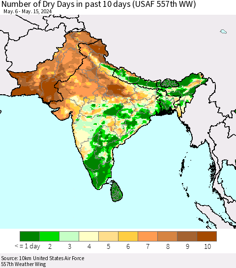 Southern Asia Number of Dry Days in past 10 days (USAF 557th WW) Thematic Map For 5/11/2024 - 5/15/2024