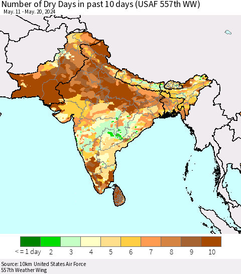 Southern Asia Number of Dry Days in past 10 days (USAF 557th WW) Thematic Map For 5/16/2024 - 5/20/2024