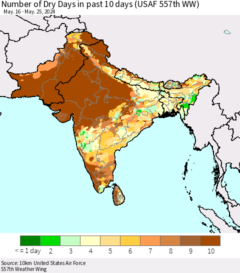 Southern Asia Number of Dry Days in past 10 days (USAF 557th WW) Thematic Map For 5/21/2024 - 5/25/2024