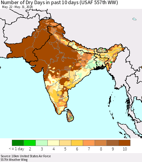 Southern Asia Number of Dry Days in past 10 days (USAF 557th WW) Thematic Map For 5/26/2024 - 5/31/2024