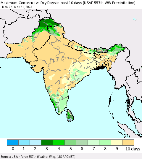 Southern Asia Maximum Consecutive Dry Days in past 10 days (USAF 557th WW Precipitation) Thematic Map For 3/26/2025 - 3/31/2025