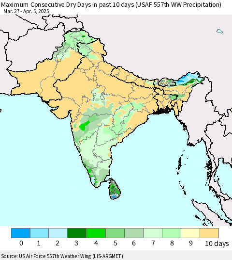 Southern Asia Maximum Consecutive Dry Days in past 10 days (USAF 557th WW Precipitation) Thematic Map For 4/1/2025 - 4/5/2025