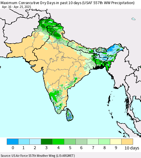 Southern Asia Maximum Consecutive Dry Days in past 10 days (USAF 557th WW Precipitation) Thematic Map For 4/21/2025 - 4/25/2025