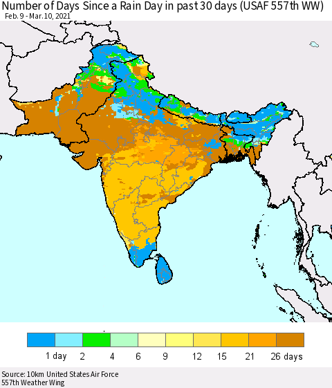 Southern Asia Number of Days Since a Rain Day in past 30 days (USAF 557th WW) Thematic Map For 3/6/2021 - 3/10/2021