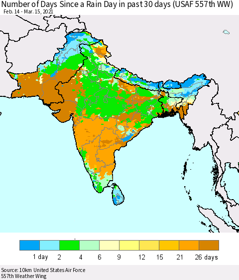 Southern Asia Number of Days Since a Rain Day in past 30 days (USAF 557th WW) Thematic Map For 3/11/2021 - 3/15/2021