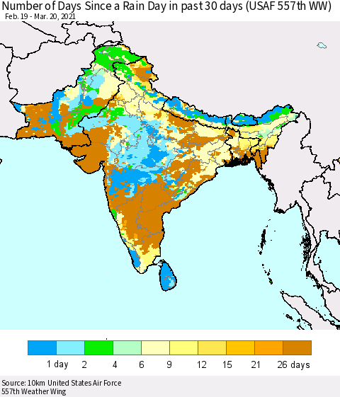 Southern Asia Number of Days Since a Rain Day in past 30 days (USAF 557th WW) Thematic Map For 3/16/2021 - 3/20/2021