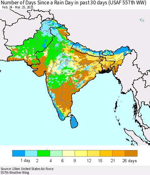 Southern Asia Number of Days Since a Rain Day in past 30 days (USAF 557th WW) Thematic Map For 3/21/2021 - 3/25/2021