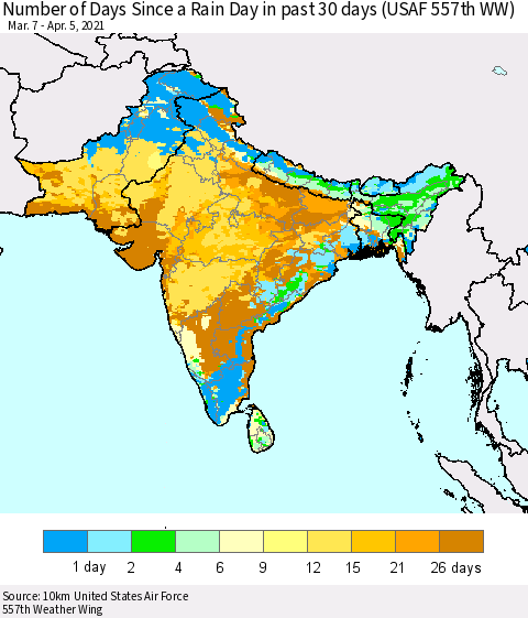 Southern Asia Number of Days Since a Rain Day in past 30 days (USAF 557th WW) Thematic Map For 4/1/2021 - 4/5/2021