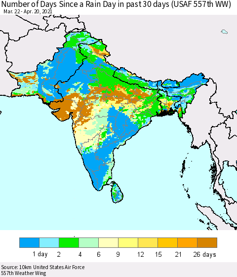 Southern Asia Number of Days Since a Rain Day in past 30 days (USAF 557th WW) Thematic Map For 4/16/2021 - 4/20/2021