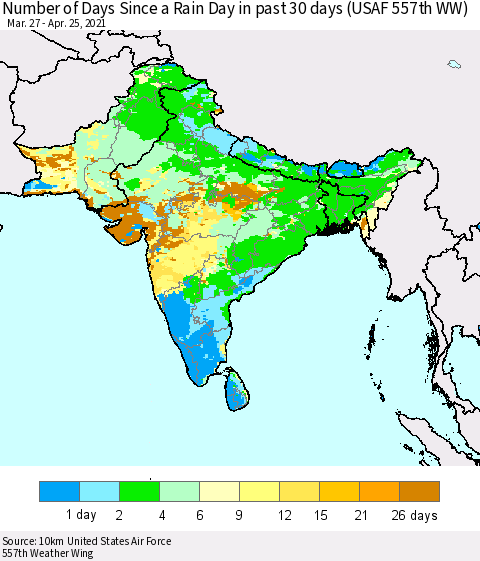 Southern Asia Number of Days Since a Rain Day in past 30 days (USAF 557th WW) Thematic Map For 4/21/2021 - 4/25/2021