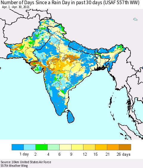 Southern Asia Number of Days Since a Rain Day in past 30 days (USAF 557th WW) Thematic Map For 4/26/2021 - 4/30/2021