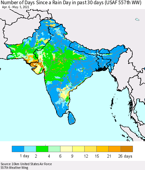 Southern Asia Number of Days Since a Rain Day in past 30 days (USAF 557th WW) Thematic Map For 5/1/2021 - 5/5/2021