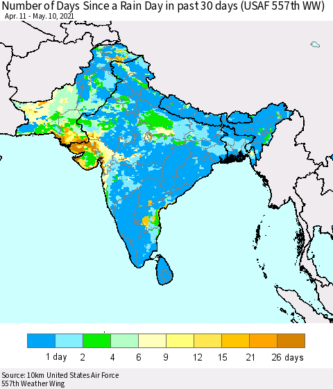Southern Asia Number of Days Since a Rain Day in past 30 days (USAF 557th WW) Thematic Map For 5/6/2021 - 5/10/2021