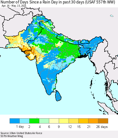 Southern Asia Number of Days Since a Rain Day in past 30 days (USAF 557th WW) Thematic Map For 5/11/2021 - 5/15/2021