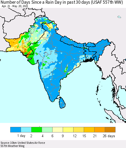 Southern Asia Number of Days Since a Rain Day in past 30 days (USAF 557th WW) Thematic Map For 5/16/2021 - 5/20/2021