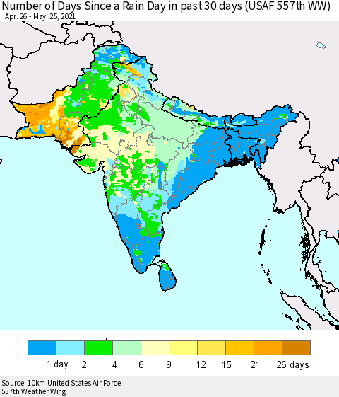 Southern Asia Number of Days Since a Rain Day in past 30 days (USAF 557th WW) Thematic Map For 5/21/2021 - 5/25/2021