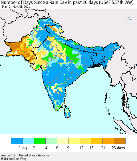 Southern Asia Number of Days Since a Rain Day in past 30 days (USAF 557th WW) Thematic Map For 5/26/2021 - 5/31/2021