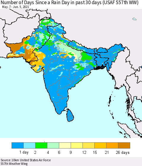 Southern Asia Number of Days Since a Rain Day in past 30 days (USAF 557th WW) Thematic Map For 6/1/2021 - 6/5/2021