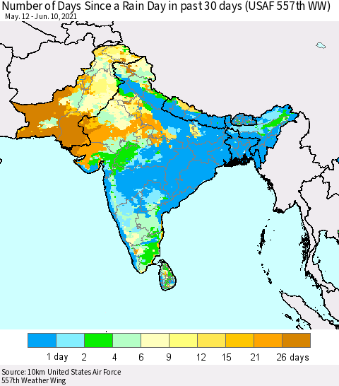 Southern Asia Number of Days Since a Rain Day in past 30 days (USAF 557th WW) Thematic Map For 6/6/2021 - 6/10/2021