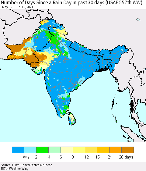 Southern Asia Number of Days Since a Rain Day in past 30 days (USAF 557th WW) Thematic Map For 6/11/2021 - 6/15/2021