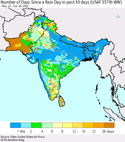 Southern Asia Number of Days Since a Rain Day in past 30 days (USAF 557th WW) Thematic Map For 6/16/2021 - 6/20/2021