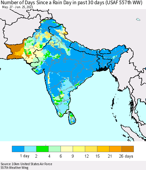 Southern Asia Number of Days Since a Rain Day in past 30 days (USAF 557th WW) Thematic Map For 6/21/2021 - 6/25/2021