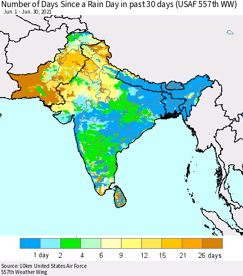 Southern Asia Number of Days Since a Rain Day in past 30 days (USAF 557th WW) Thematic Map For 6/26/2021 - 6/30/2021