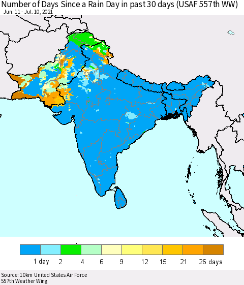 Southern Asia Number of Days Since a Rain Day in past 30 days (USAF 557th WW) Thematic Map For 7/6/2021 - 7/10/2021