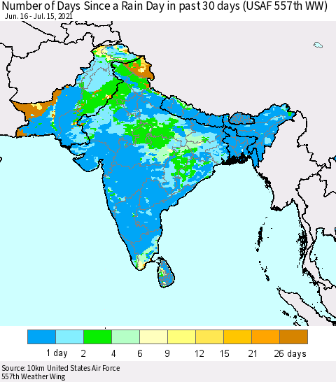 Southern Asia Number of Days Since a Rain Day in past 30 days (USAF 557th WW) Thematic Map For 7/11/2021 - 7/15/2021