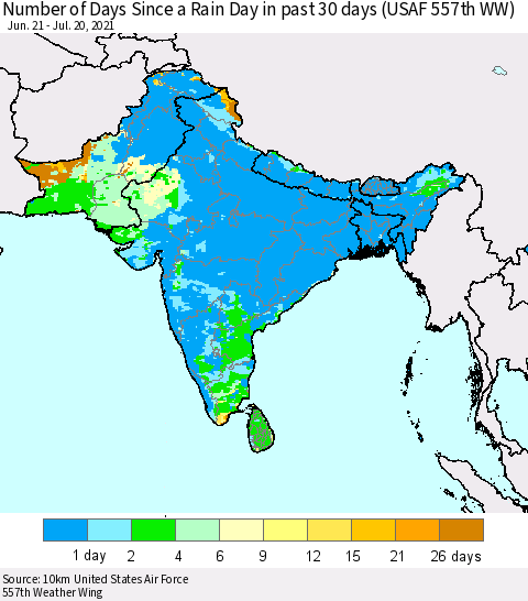 Southern Asia Number of Days Since a Rain Day in past 30 days (USAF 557th WW) Thematic Map For 7/16/2021 - 7/20/2021