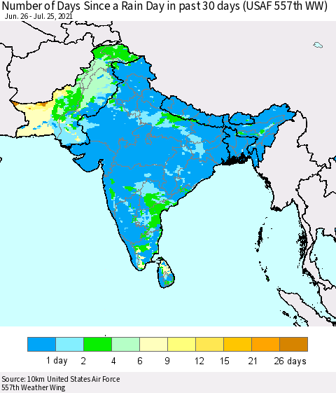 Southern Asia Number of Days Since a Rain Day in past 30 days (USAF 557th WW) Thematic Map For 7/21/2021 - 7/25/2021