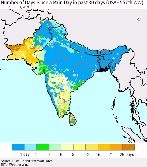 Southern Asia Number of Days Since a Rain Day in past 30 days (USAF 557th WW) Thematic Map For 7/26/2021 - 7/31/2021