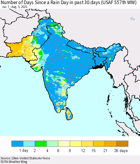 Southern Asia Number of Days Since a Rain Day in past 30 days (USAF 557th WW) Thematic Map For 8/1/2021 - 8/5/2021