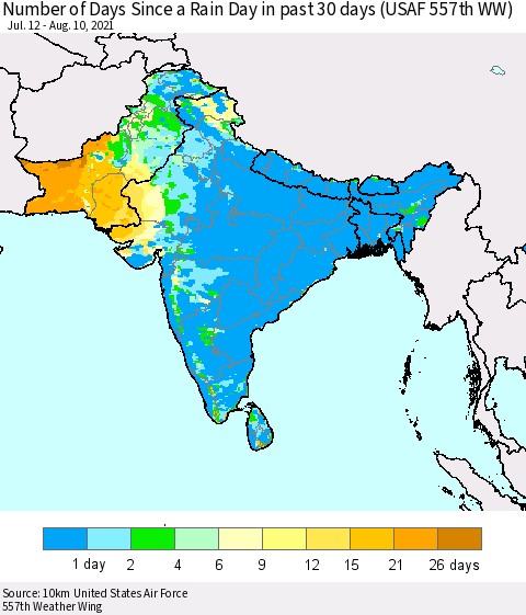 Southern Asia Number of Days Since a Rain Day in past 30 days (USAF 557th WW) Thematic Map For 8/6/2021 - 8/10/2021