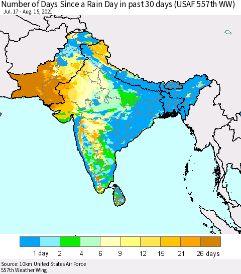 Southern Asia Number of Days Since a Rain Day in past 30 days (USAF 557th WW) Thematic Map For 8/11/2021 - 8/15/2021