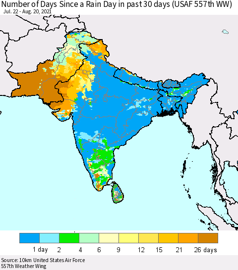 Southern Asia Number of Days Since a Rain Day in past 30 days (USAF 557th WW) Thematic Map For 8/16/2021 - 8/20/2021