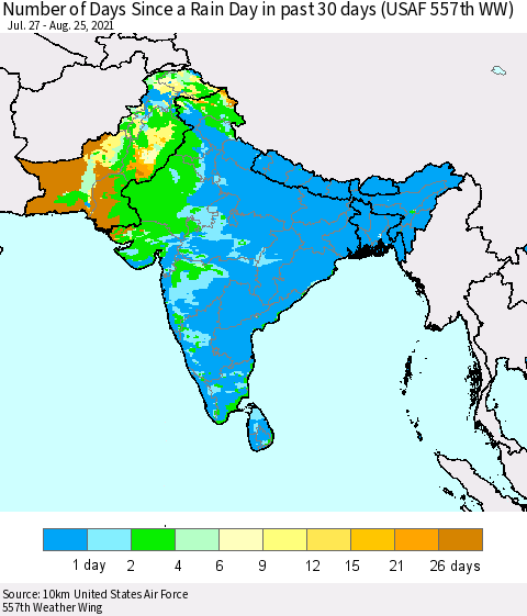 Southern Asia Number of Days Since a Rain Day in past 30 days (USAF 557th WW) Thematic Map For 8/21/2021 - 8/25/2021