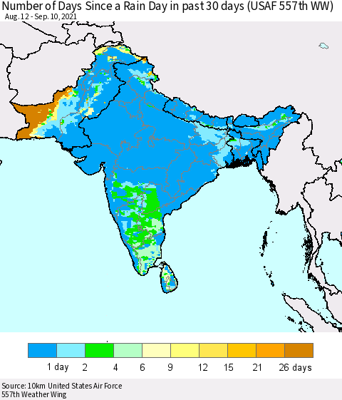 Southern Asia Number of Days Since a Rain Day in past 30 days (USAF 557th WW) Thematic Map For 9/6/2021 - 9/10/2021