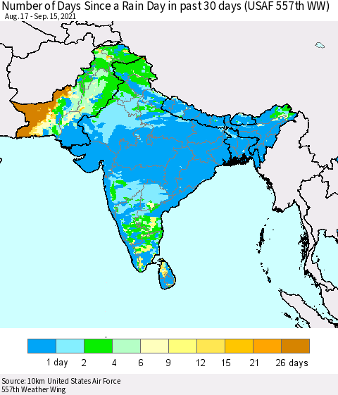 Southern Asia Number of Days Since a Rain Day in past 30 days (USAF 557th WW) Thematic Map For 9/11/2021 - 9/15/2021
