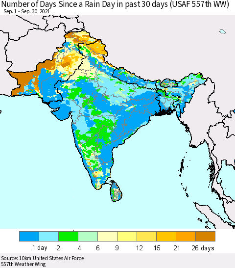 Southern Asia Number of Days Since a Rain Day in past 30 days (USAF 557th WW) Thematic Map For 9/26/2021 - 9/30/2021