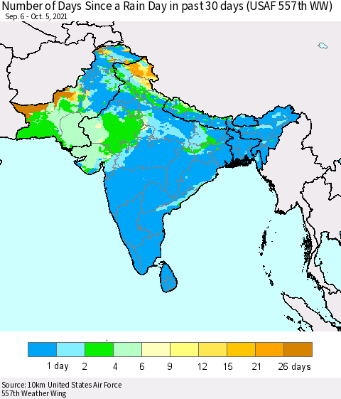 Southern Asia Number of Days Since a Rain Day in past 30 days (USAF 557th WW) Thematic Map For 10/1/2021 - 10/5/2021