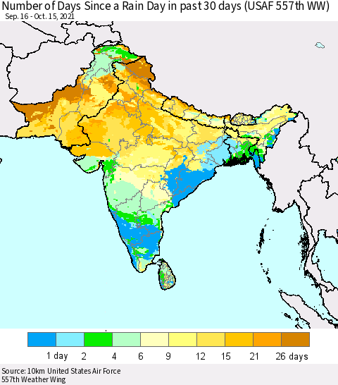 Southern Asia Number of Days Since a Rain Day in past 30 days (USAF 557th WW) Thematic Map For 10/11/2021 - 10/15/2021
