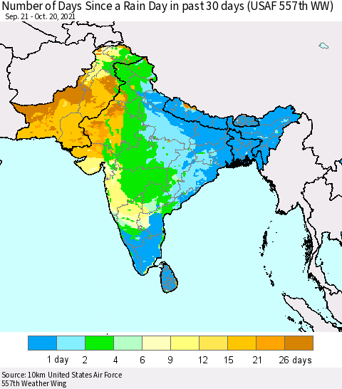 Southern Asia Number of Days Since a Rain Day in past 30 days (USAF 557th WW) Thematic Map For 10/16/2021 - 10/20/2021