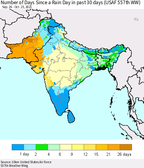 Southern Asia Number of Days Since a Rain Day in past 30 days (USAF 557th WW) Thematic Map For 10/21/2021 - 10/25/2021