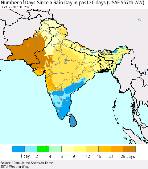 Southern Asia Number of Days Since a Rain Day in past 30 days (USAF 557th WW) Thematic Map For 10/26/2021 - 10/31/2021