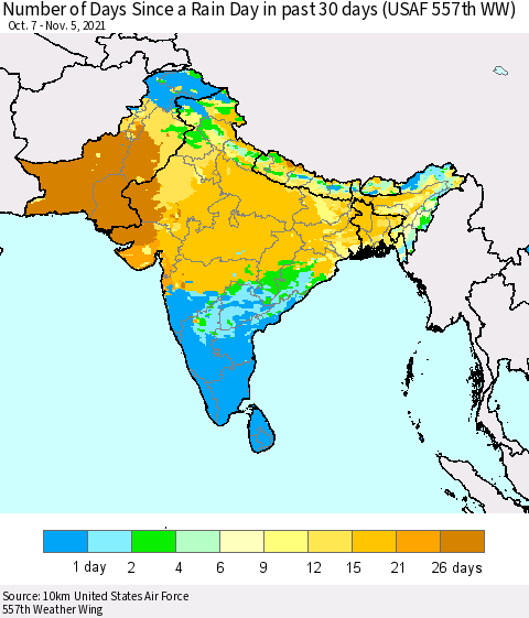 Southern Asia Number of Days Since a Rain Day in past 30 days (USAF 557th WW) Thematic Map For 11/1/2021 - 11/5/2021