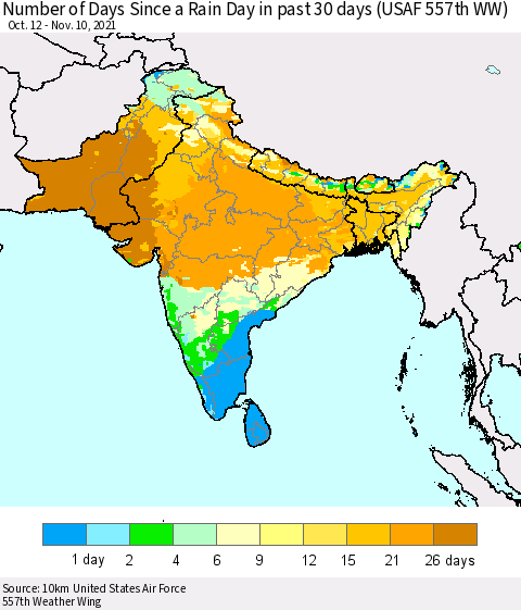 Southern Asia Number of Days Since a Rain Day in past 30 days (USAF 557th WW) Thematic Map For 11/6/2021 - 11/10/2021